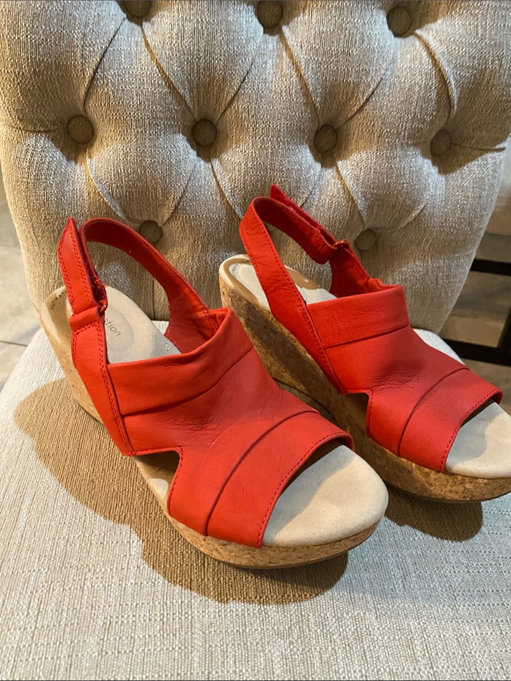 Clarks Red Cork Wedge Slingback Sandals